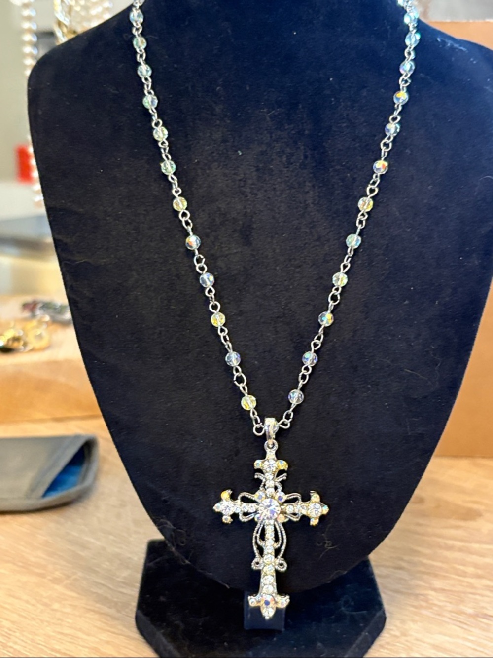 Vintage silver Tone  necklace w/Multi-color Cross Pendant -